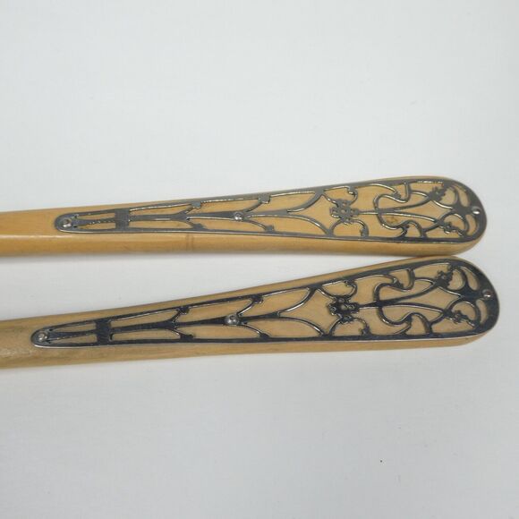 Wooden Salad Serving Set Fork & Spoon Silver Overlay Filigree Handle Vintage MCM - Picture 3 of 8